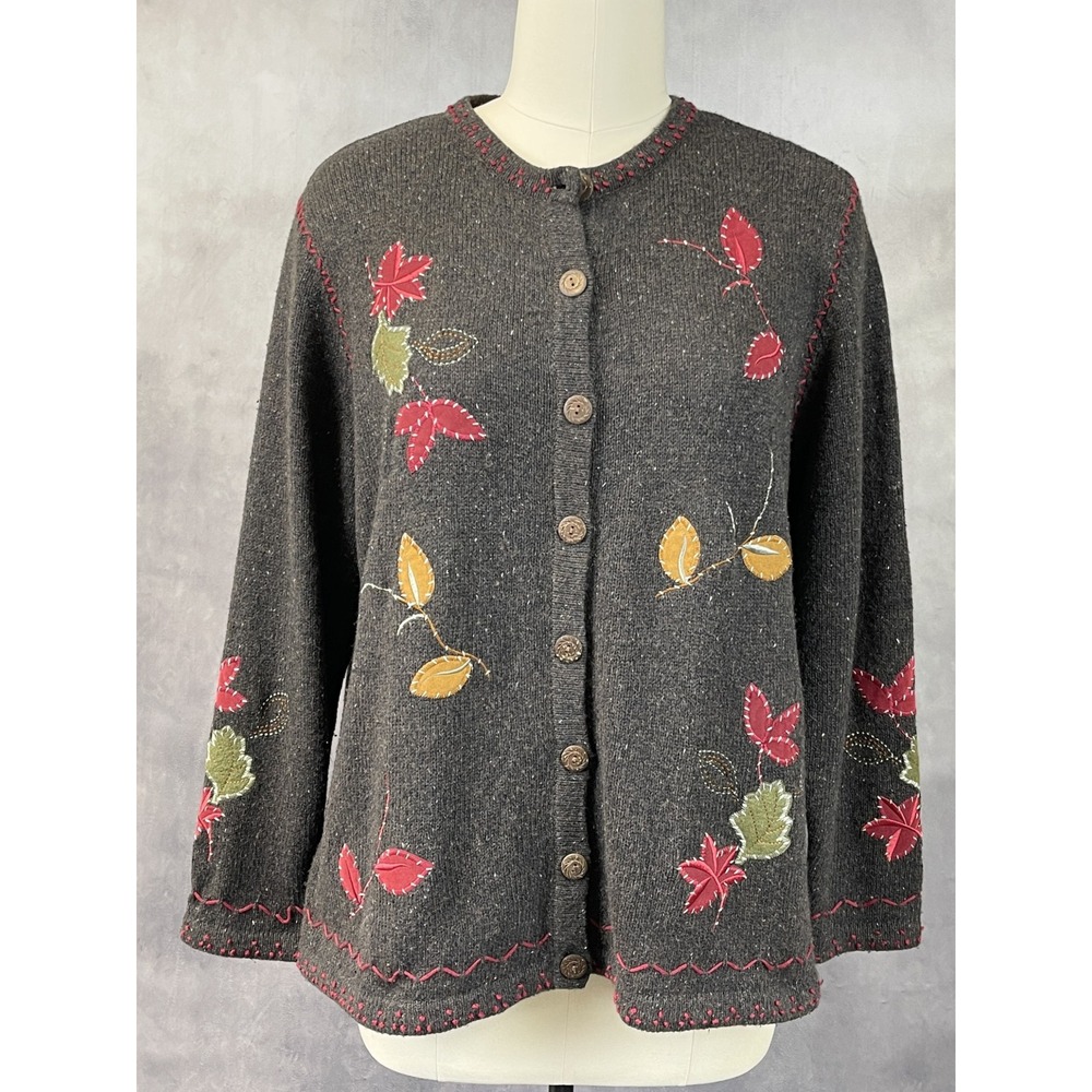 Holiday Lodge Cardigan Sweater Womens L/XL Brown Leaf Embroidered Indie Harvest